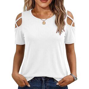 👑 Women White Cold Shoulder Short Sleeve Crew Neck Loose Fit Summer T-Shirt Top